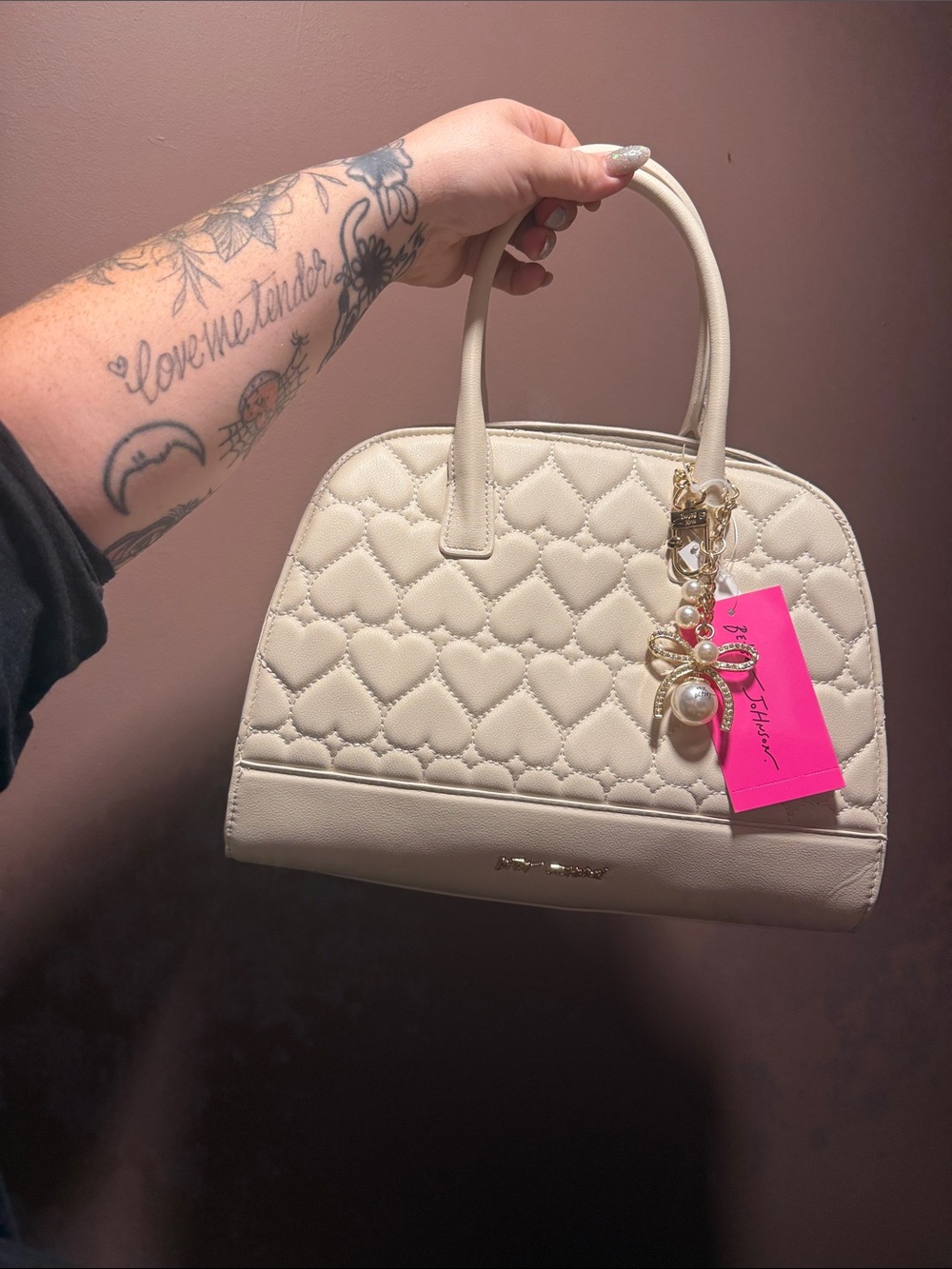 Betsey Johnson Cream Quilted Heart Top-Handle Satchel with Charm